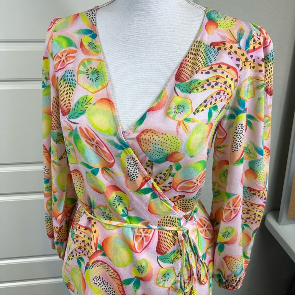 Farm Rio Anthropologie Rainforest Boho Colorful Wrap Blouse Beaded Ties Size XS - Picture 4 of 10
